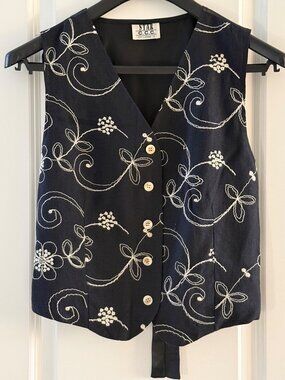 Star C.C.C. Womens Embroidered Black Vest With Button Front Floral Design Tie Ba